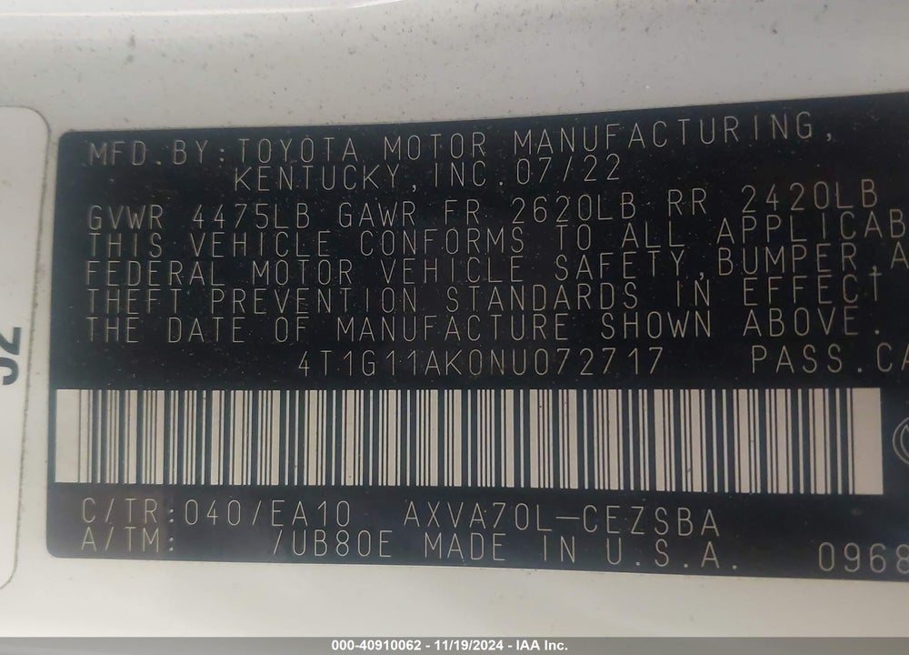 2022 TOYOTA CAMRY SE VIN: 4T1G11AK0NU072717