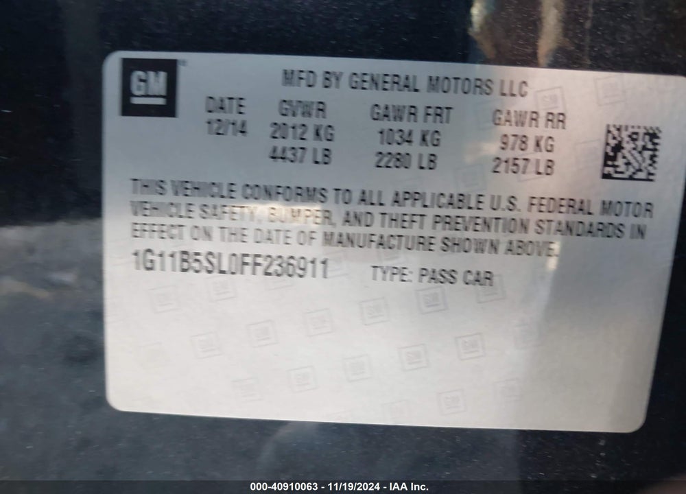 2015 CHEVROLET MALIBU LS VIN: 1G11B5SL0FF236911