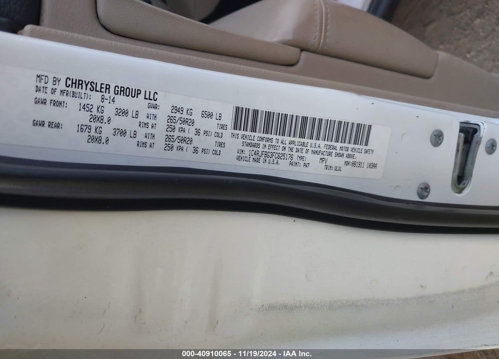 2015 JEEP GRAND CHEROKEE LIMITED VIN: 1C4RJFBG3FC625176