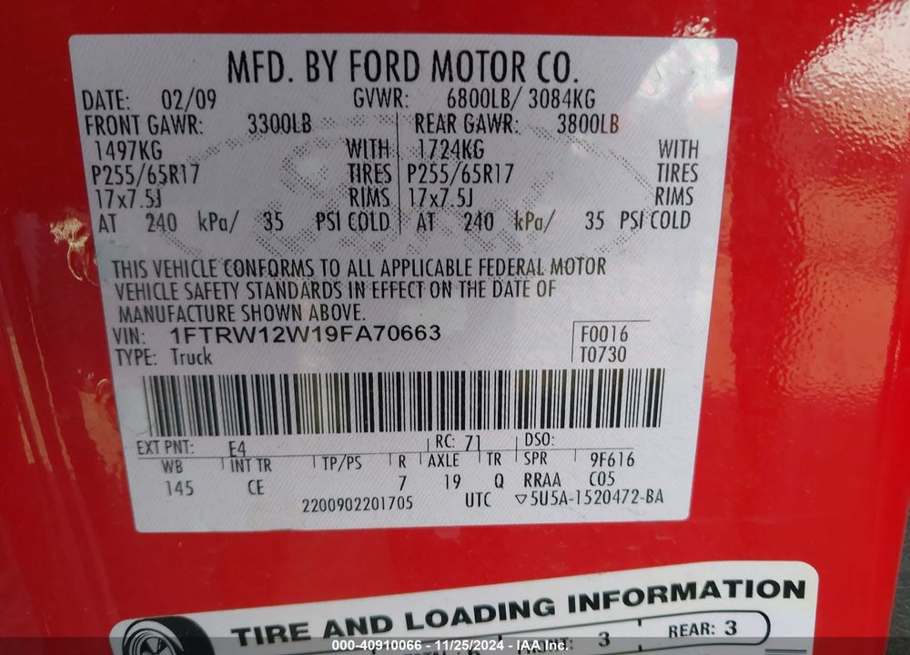 2009 FORD F-150 XL VIN: 1FTRW12W19FA70663