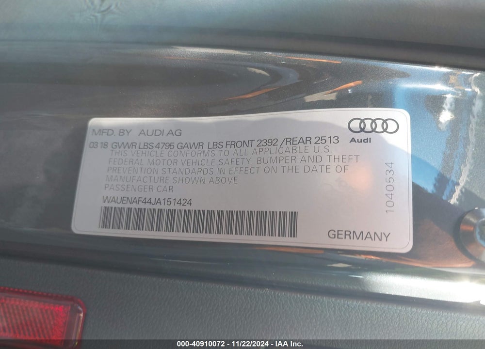 2018 AUDI A4 2.0T PREMIUM/2.0T TECH PREMIUM VIN: WAUENAF44JA151424