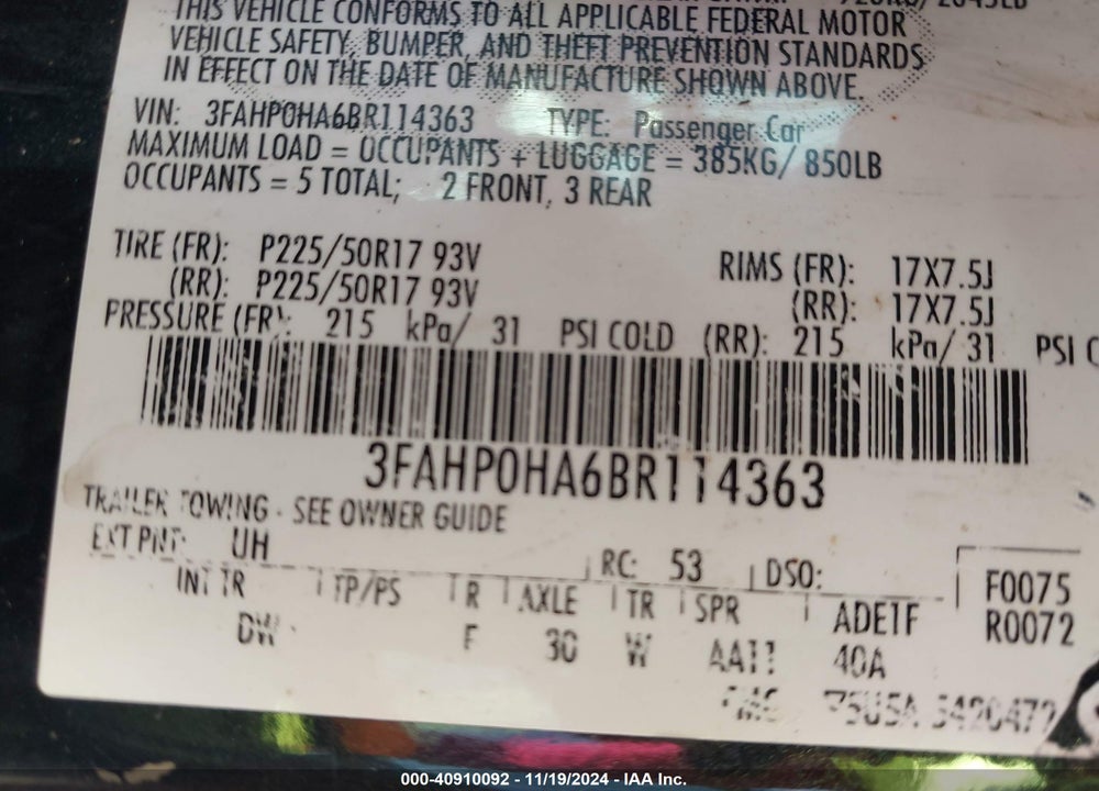 2011 FORD FUSION SE VIN: 3FAHP0HA6BR114363