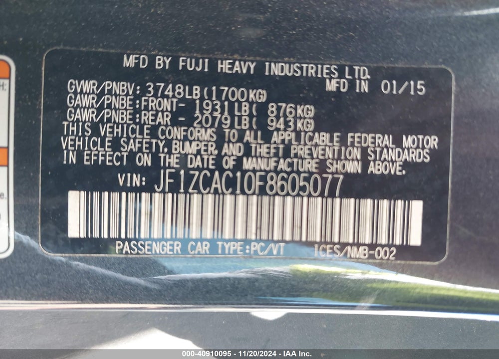 2015 SUBARU BRZ LIMITED VIN: JF1ZCAC10F8605077