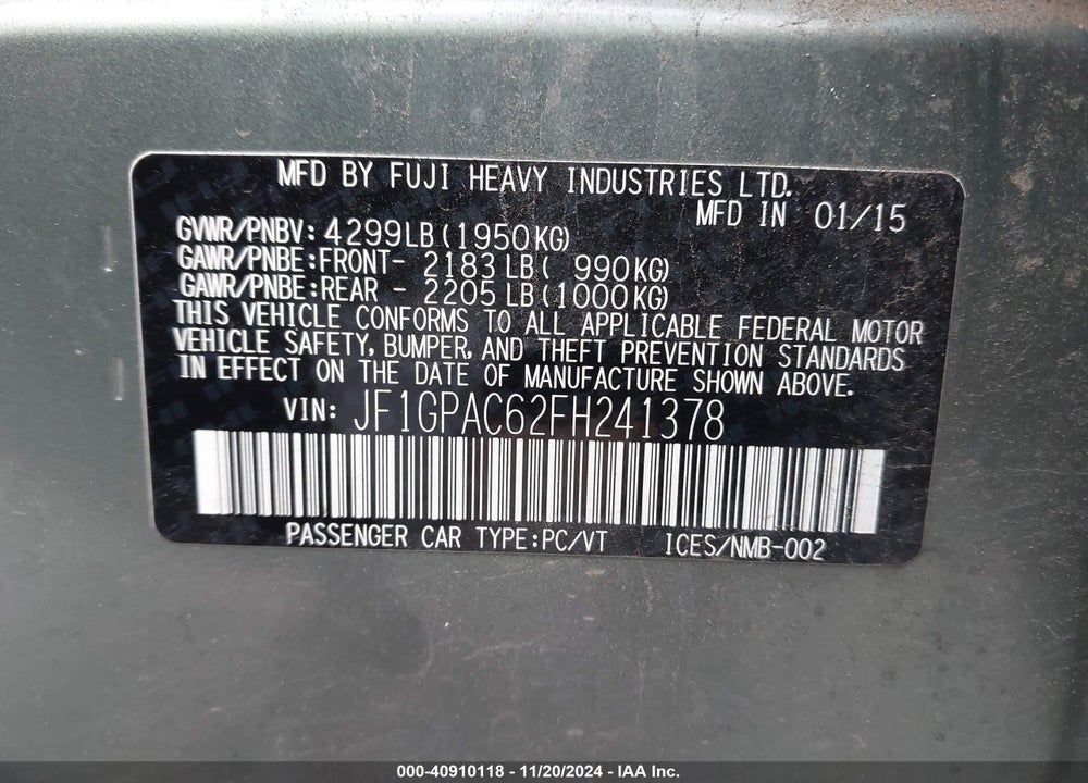 2015 SUBARU IMPREZA VIN: JF1GPAC62FH241378