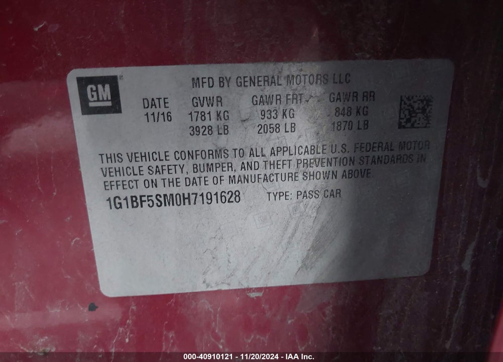 2017 CHEVROLET CRUZE PREMIER AUTO VIN: 1G1BF5SM0H7191628