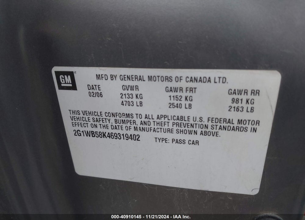 2006 CHEVROLET IMPALA VIN: 2G1WB58K469319402