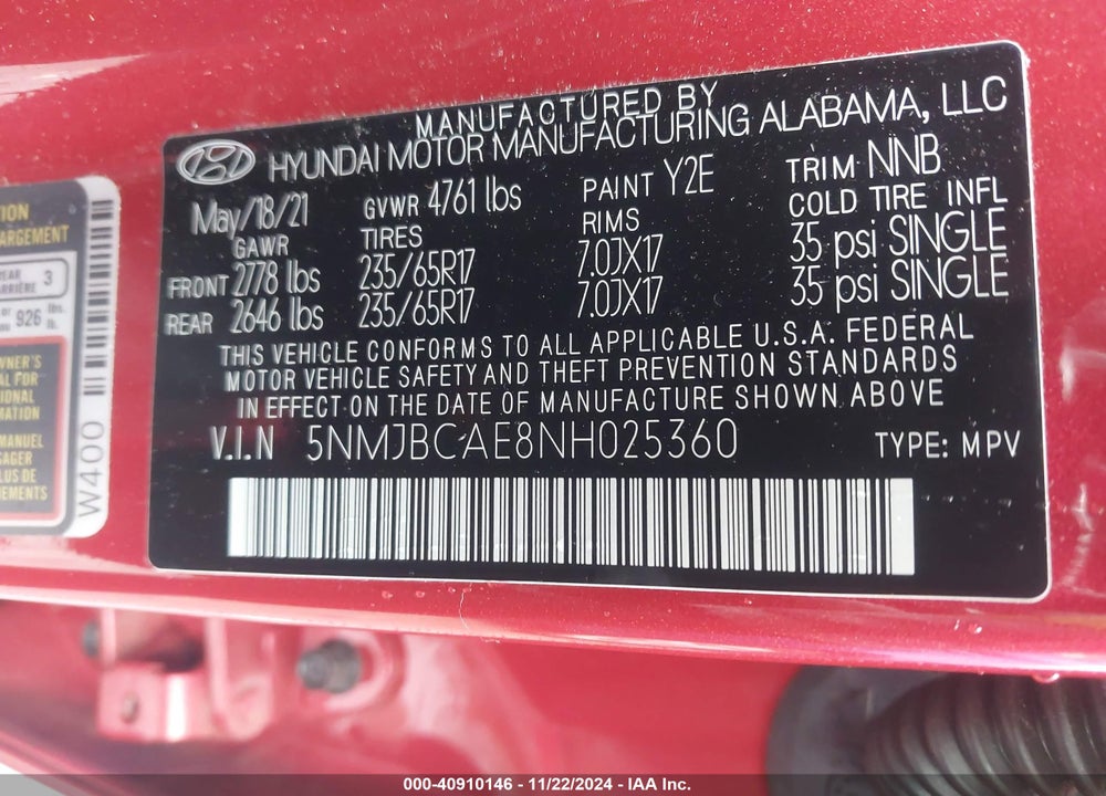 2022 HYUNDAI TUCSON SEL VIN: 5NMJBCAE8NH025360