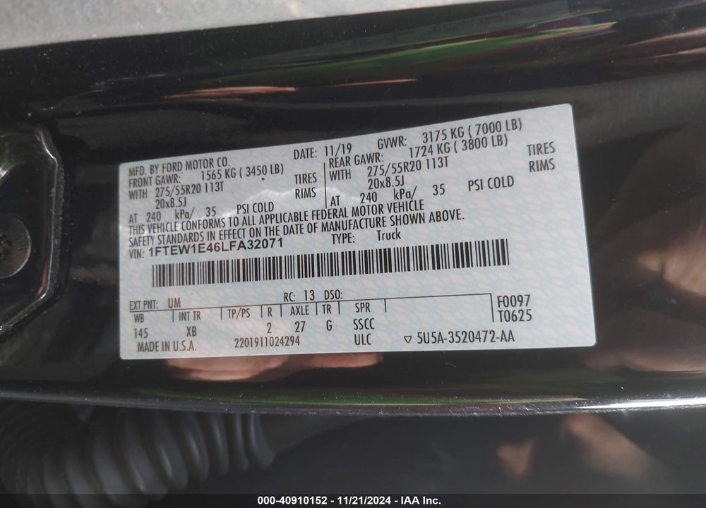 2020 FORD F-150 XLT VIN: 1FTEW1E46LFA32071
