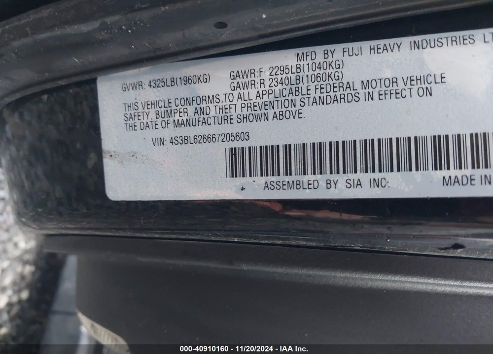 2006 SUBARU LEGACY 2.5I/2.5I LIMITED VIN: 4S3BL626667205603