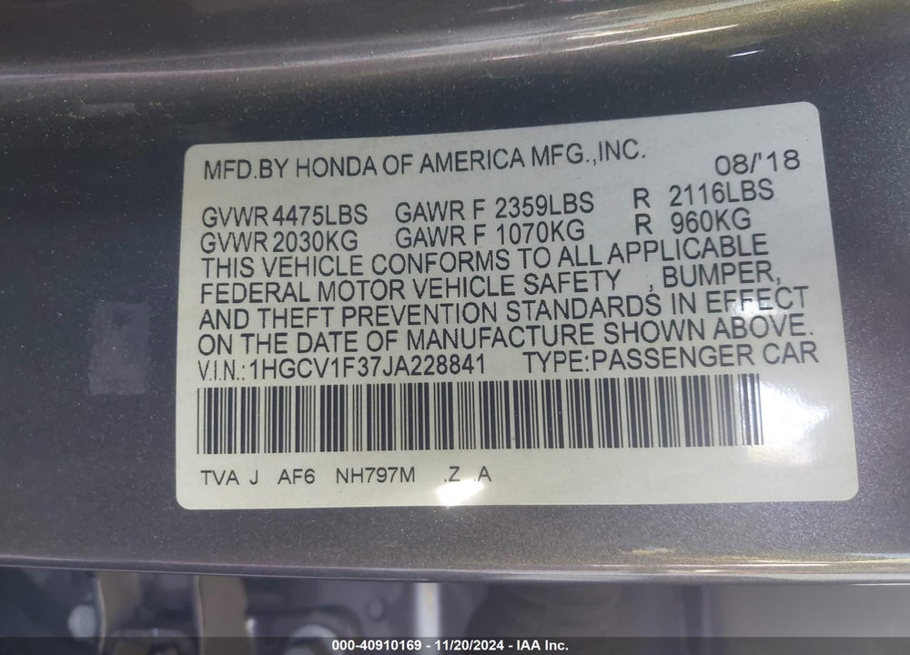 2018 HONDA ACCORD SPORT VIN: 1HGCV1F37JA228841