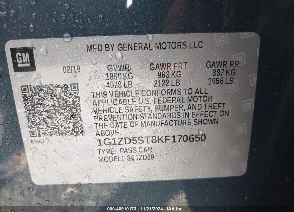 2019 CHEVROLET MALIBU VIN: 1G1ZD5ST8KF170650