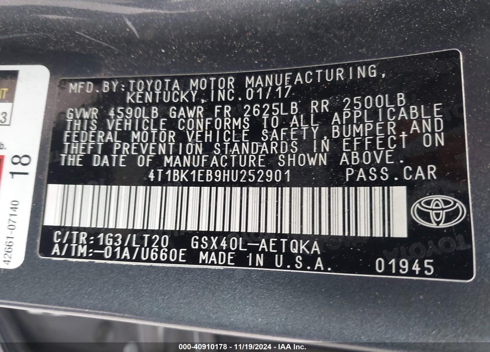 2017 TOYOTA AVALON VIN: 4T1BK1EB9HU252901