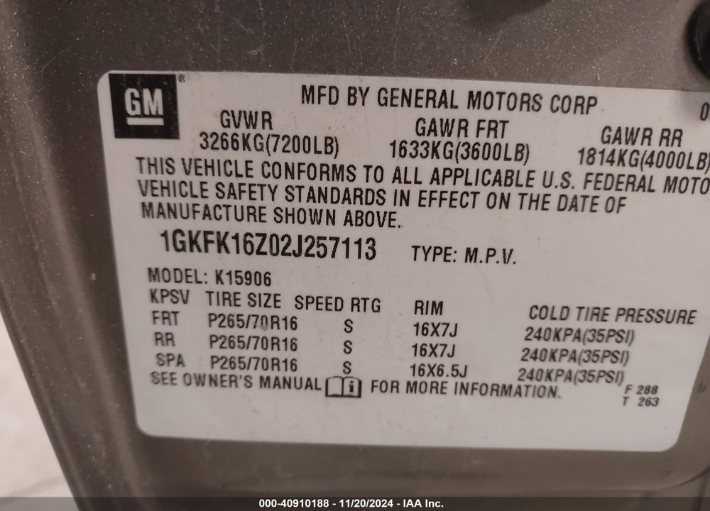 2002 GMC YUKON XL 1500 SLT VIN: 1GKFK16Z02J257113