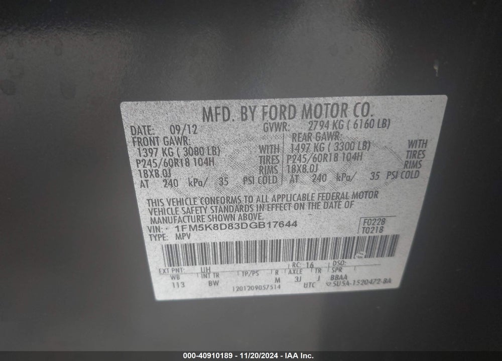 2013 FORD EXPLORER XLT VIN: 1FM5K8D83DGB17644