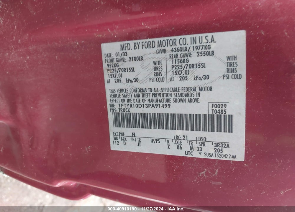 2003 FORD RANGER XL/XLT VIN: 1FTYR10D13PA91499