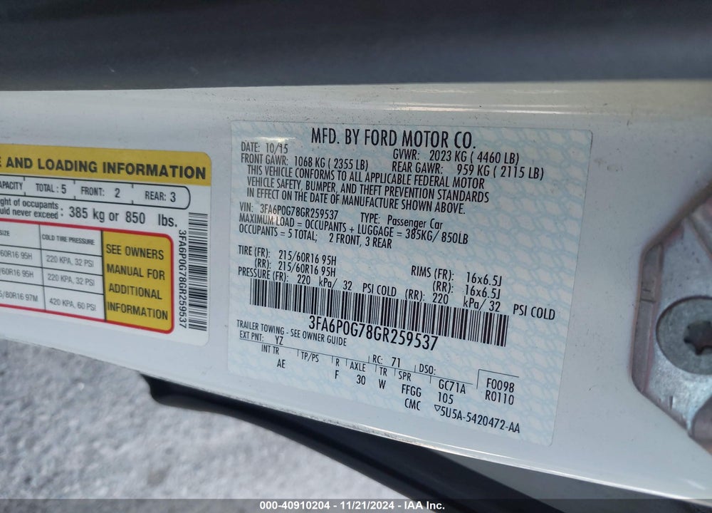 2016 FORD FUSION S VIN: 3FA6P0G78GR259537
