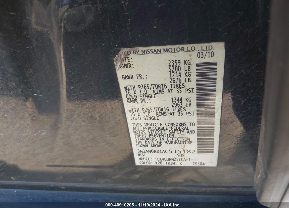 2010 NISSAN XTERRA X VIN: 5N1AN0NU1AC515182
