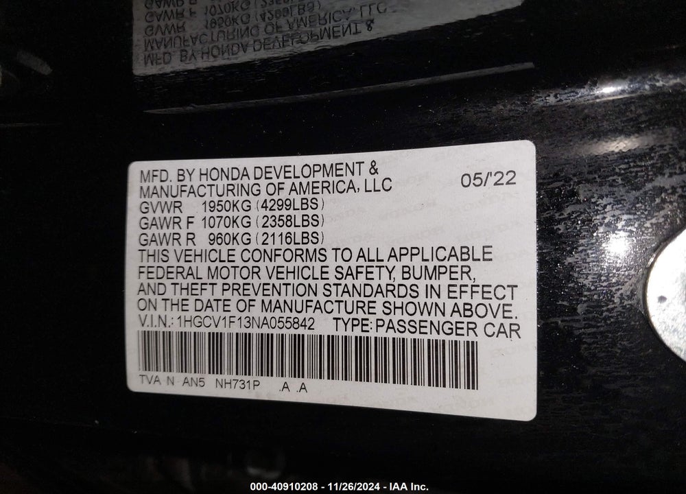 2022 HONDA ACCORD LX VIN: 1HGCV1F13NA055842