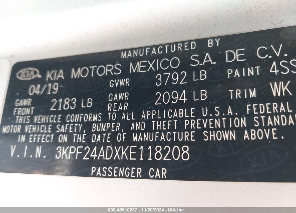 2019 KIA FORTE VIN: 3KPF24ADXKE118208