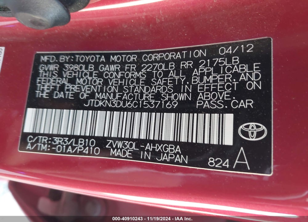 2012 TOYOTA PRIUS VIN: JTDKN3DU6C1537169