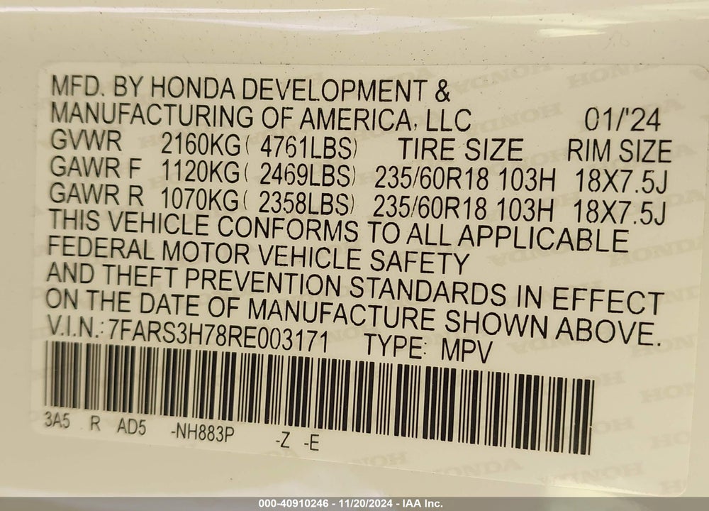 2024 HONDA CR-V EX-L 2WD VIN: 7FARS3H78RE003171