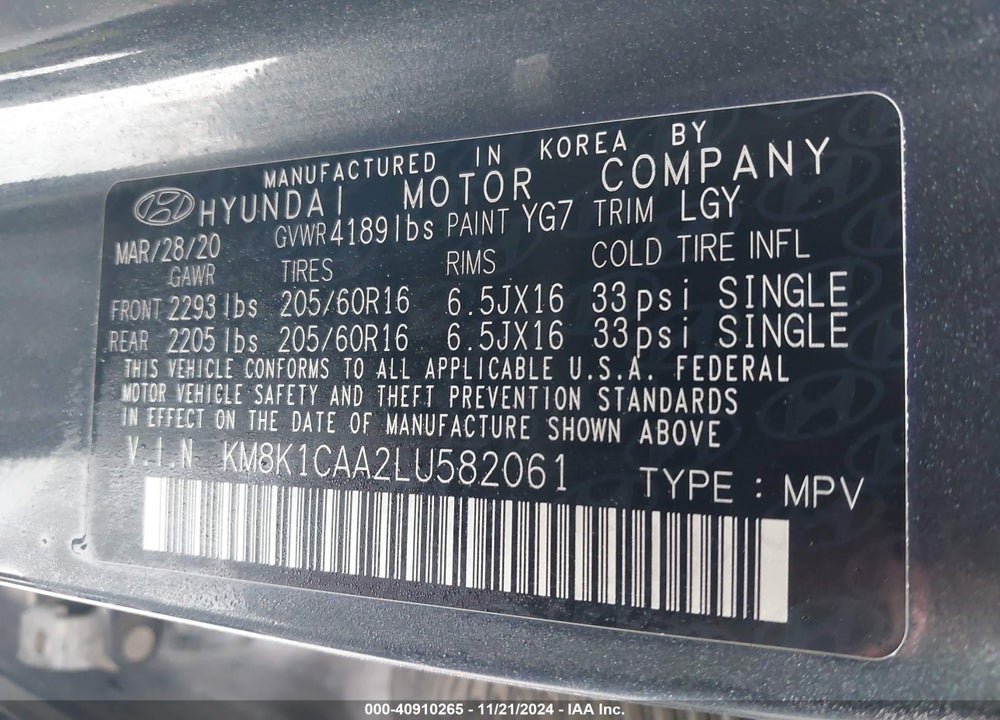 2020 HYUNDAI KONA SE VIN: KM8K1CAA2LU582061