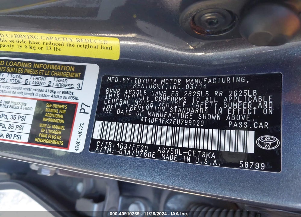 2014 TOYOTA CAMRY SE VIN: 4T1BF1FK7EU799020