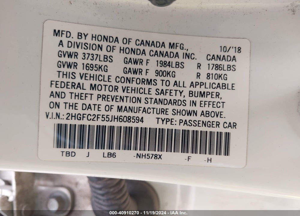 2018 HONDA CIVIC LX VIN: 2HGFC2F55JH608594