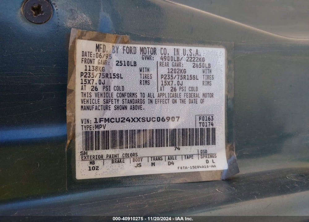 1995 FORD EXPLORER VIN: 1FMCU24XXSUC06907