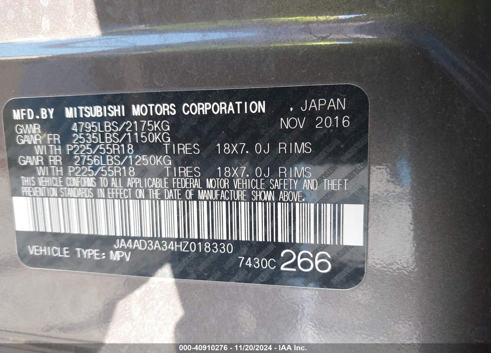 2017 MITSUBISHI OUTLANDER SE/SEL VIN: JA4AD3A34HZ018330