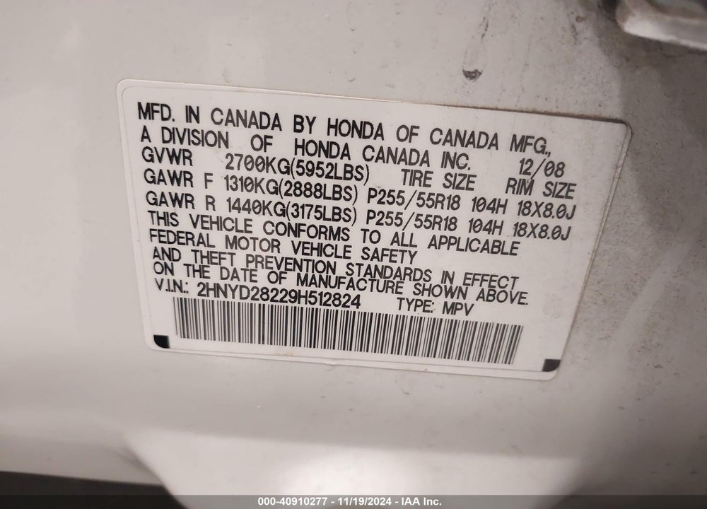 2009 ACURA MDX VIN: 2HNYD28229H512824