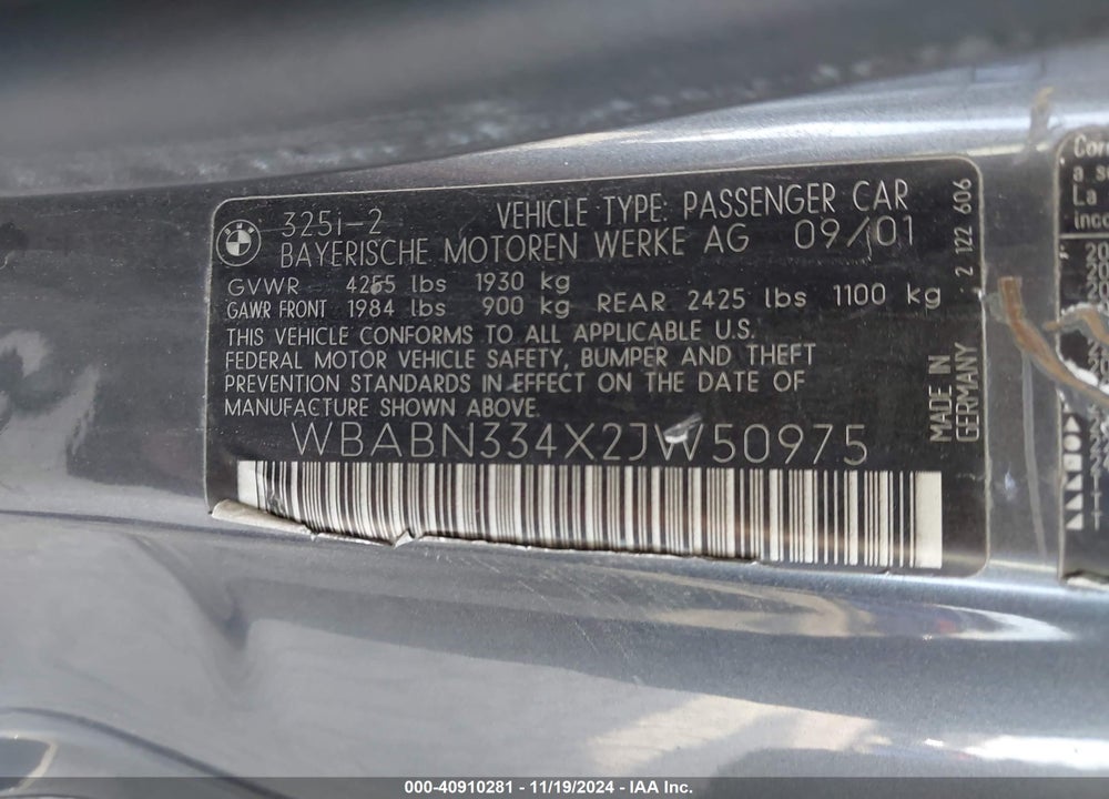 2002 BMW 325CI VIN: WBABN334X2JW50975