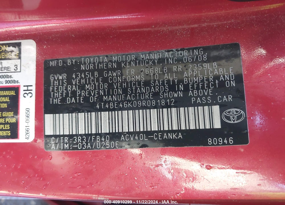 2009 TOYOTA CAMRY LE VIN: 4T4BE46K09R081812