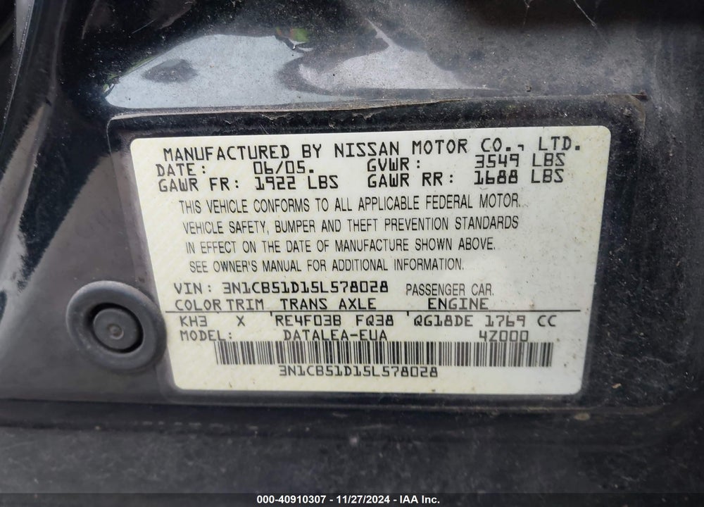 2005 NISSAN SENTRA 1.8S VIN: 3N1CB51D15L578028