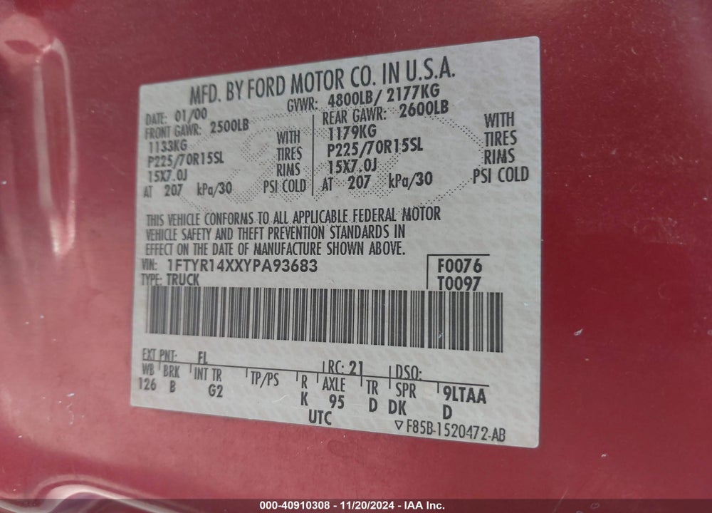 2000 FORD RANGER XLT VIN: 1FTYR14XXYPA93683