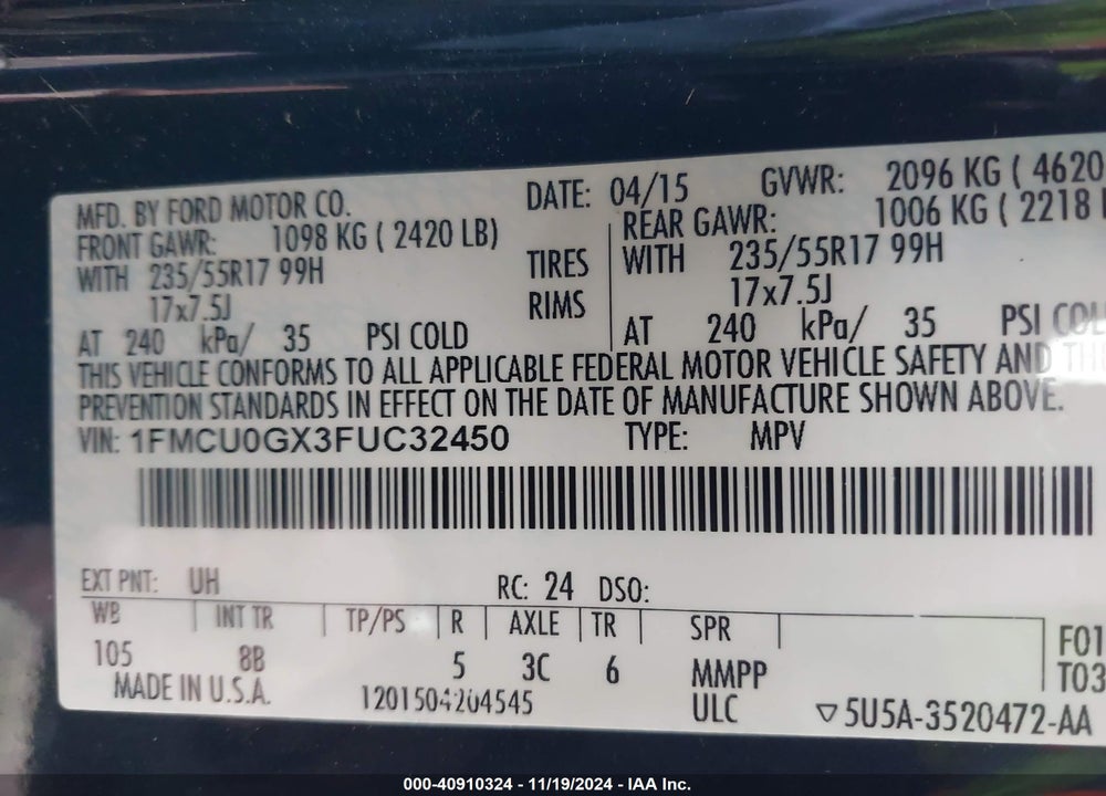 2015 FORD ESCAPE SE VIN: 1FMCU0GX3FUC32450