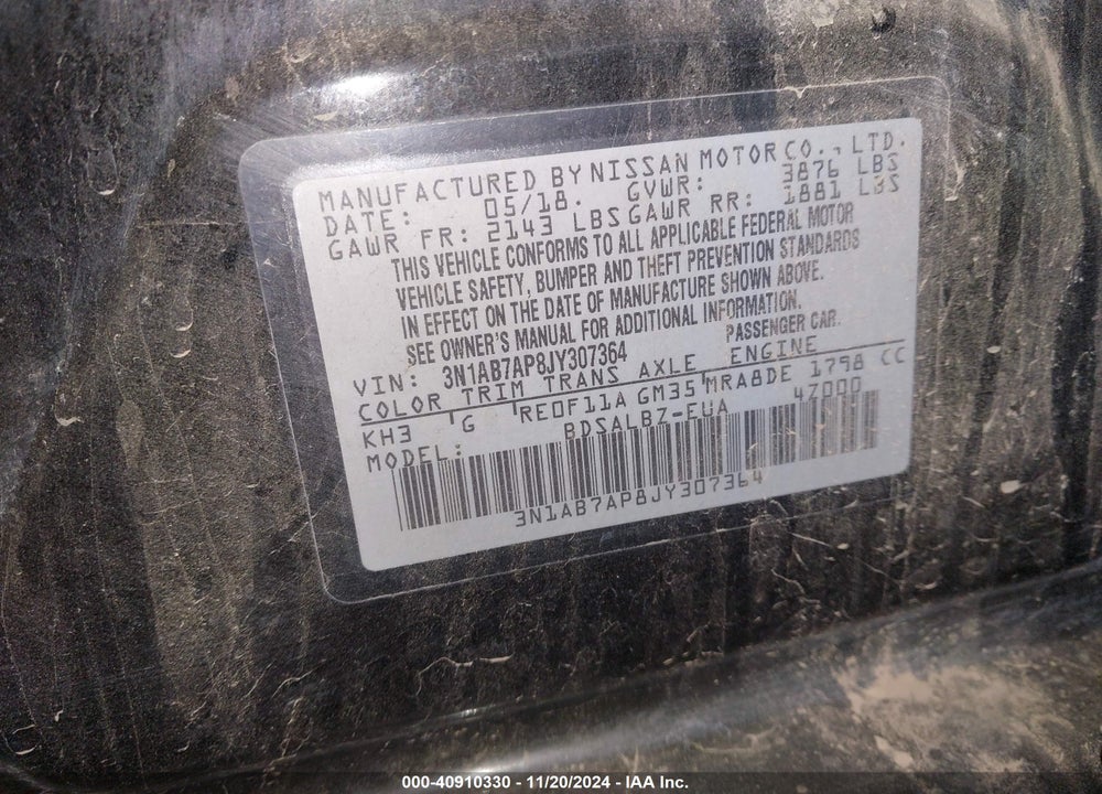 2018 NISSAN SENTRA VIN: 3N1AB7AP8JY307364