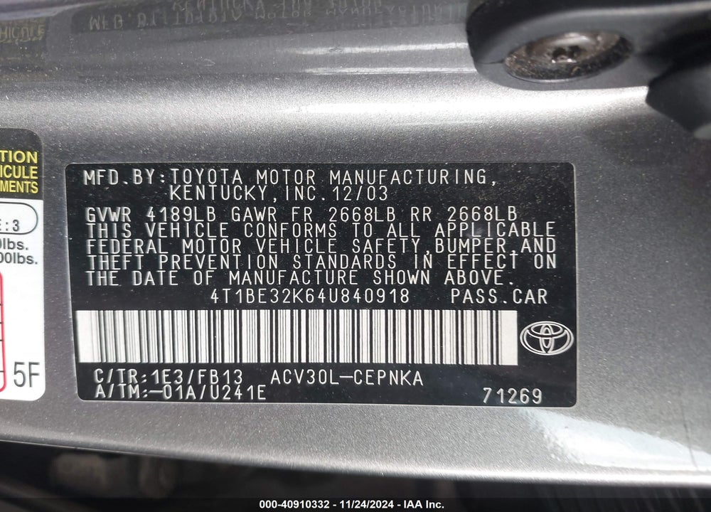 2004 TOYOTA CAMRY LE VIN: 4T1BE32K64U840918