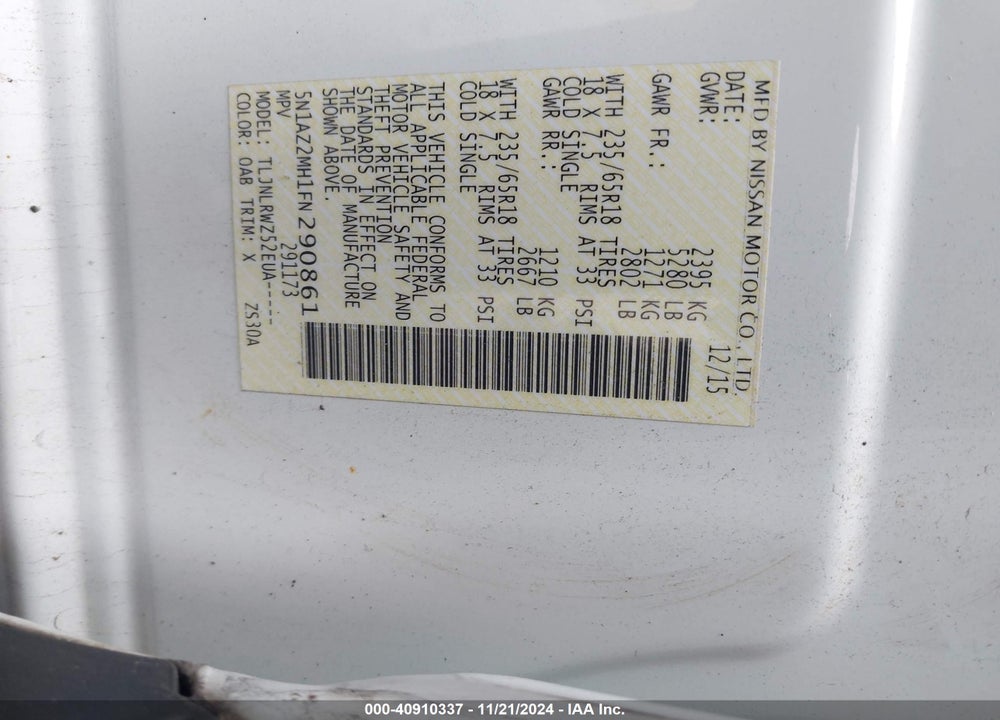 2015 NISSAN MURANO SL VIN: 5N1AZ2MH1FN290861