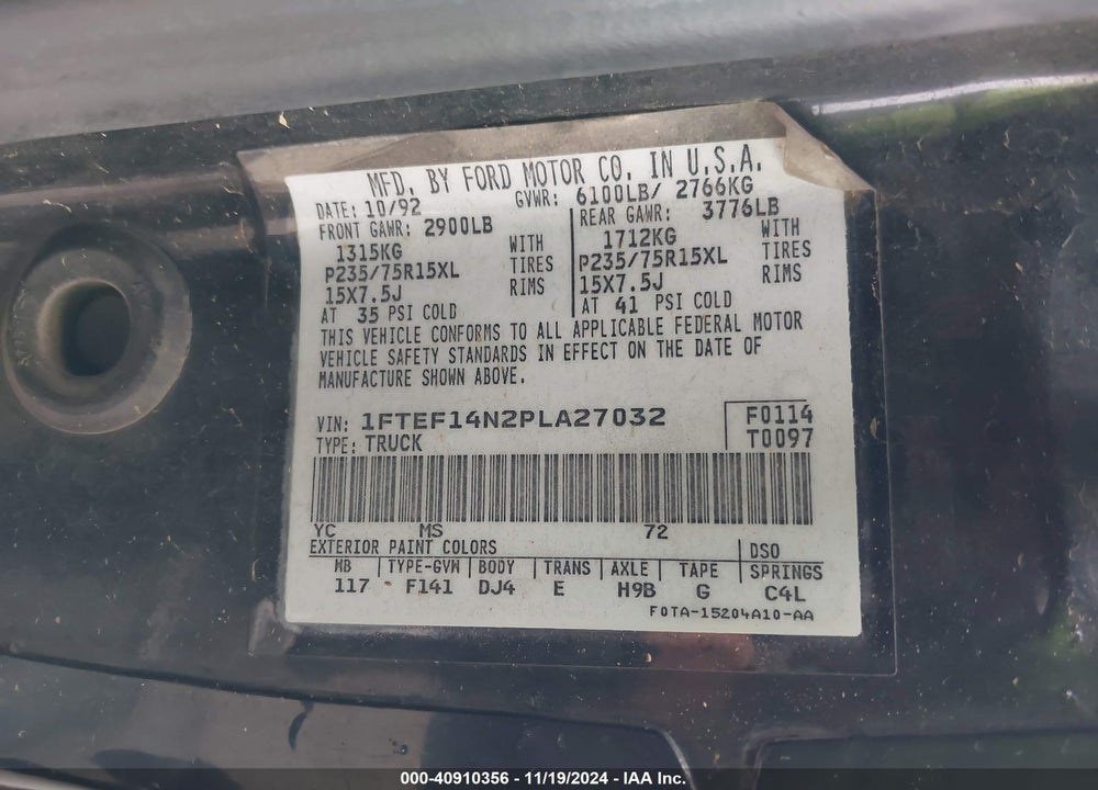 1993 FORD F150 VIN: 1FTEF14N2PLA27032