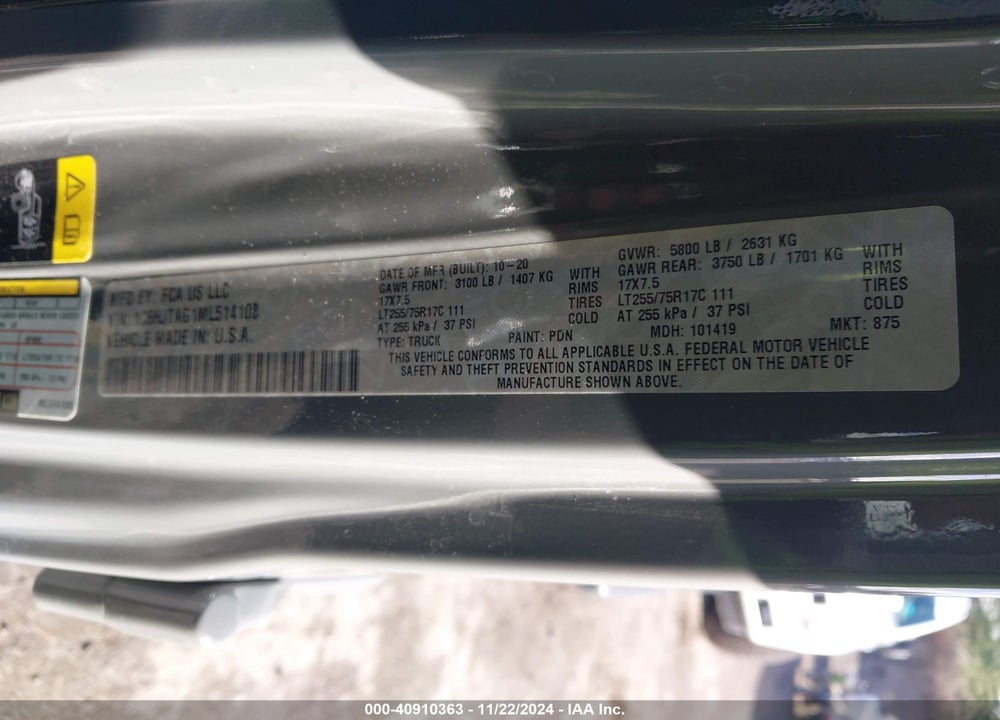 2021 JEEP GLADIATOR WILLYS 4X4 VIN: 1C6HJTAG1ML514108
