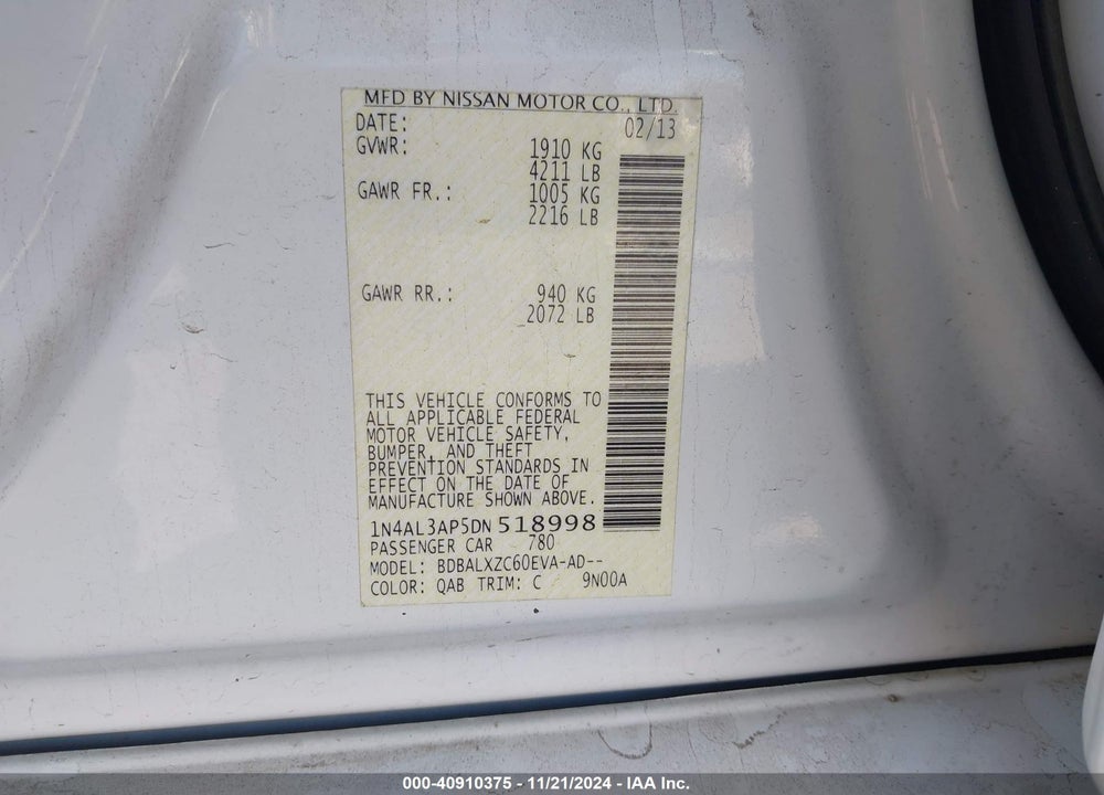 2013 NISSAN ALTIMA 2.5 SL VIN: 1N4AL3AP5DN518998