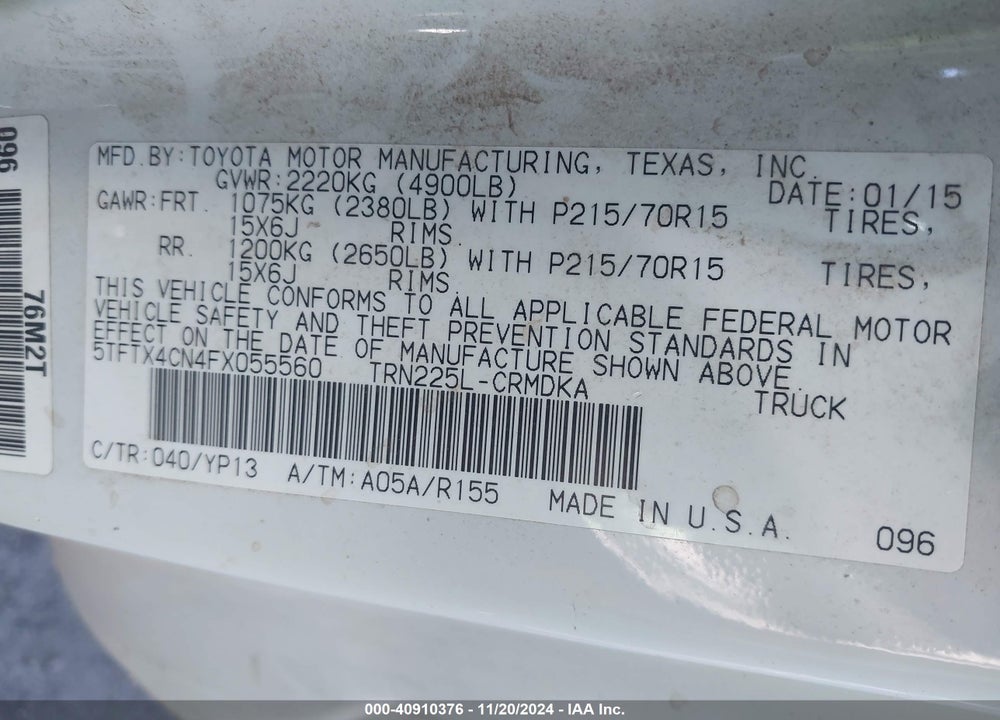 2015 TOYOTA TACOMA VIN: 5TFTX4CN4FX055560