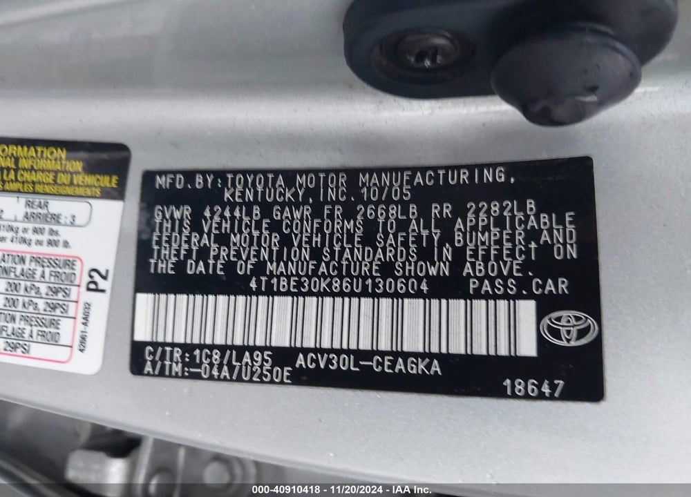 2006 TOYOTA CAMRY XLE VIN: 4T1BE30K86U130604