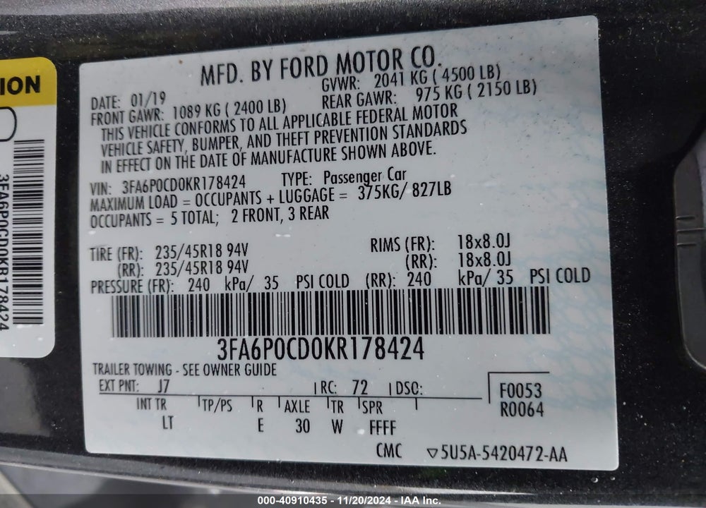 2019 FORD FUSION SEL VIN: 3FA6P0CD0KR178424