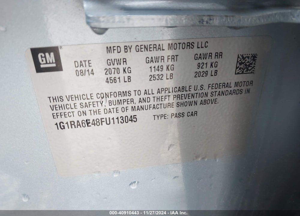 2015 CHEVROLET VOLT VIN: 1G1RA6E48FU113045