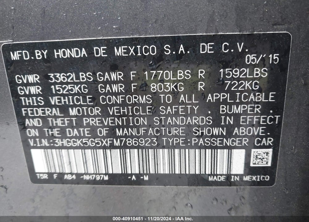 2015 HONDA FIT LX VIN: 3HGGK5G5XFM786923