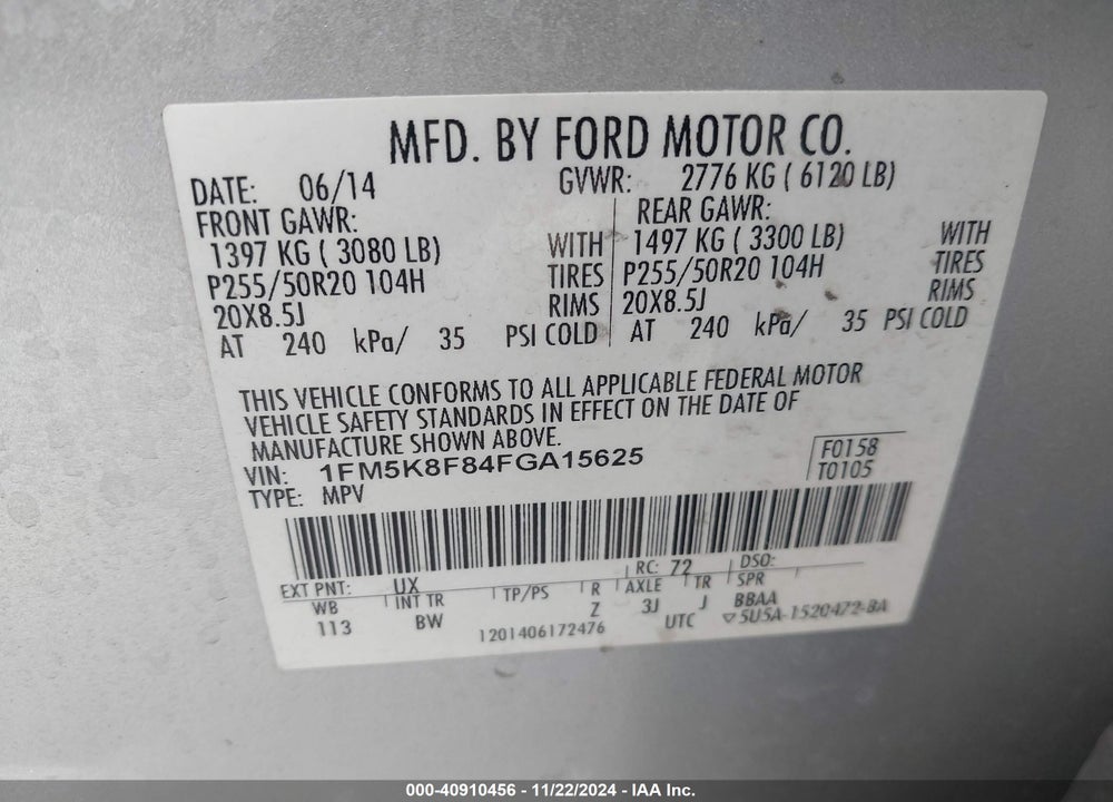 2015 FORD EXPLORER LIMITED VIN: 1FM5K8F84FGA15625