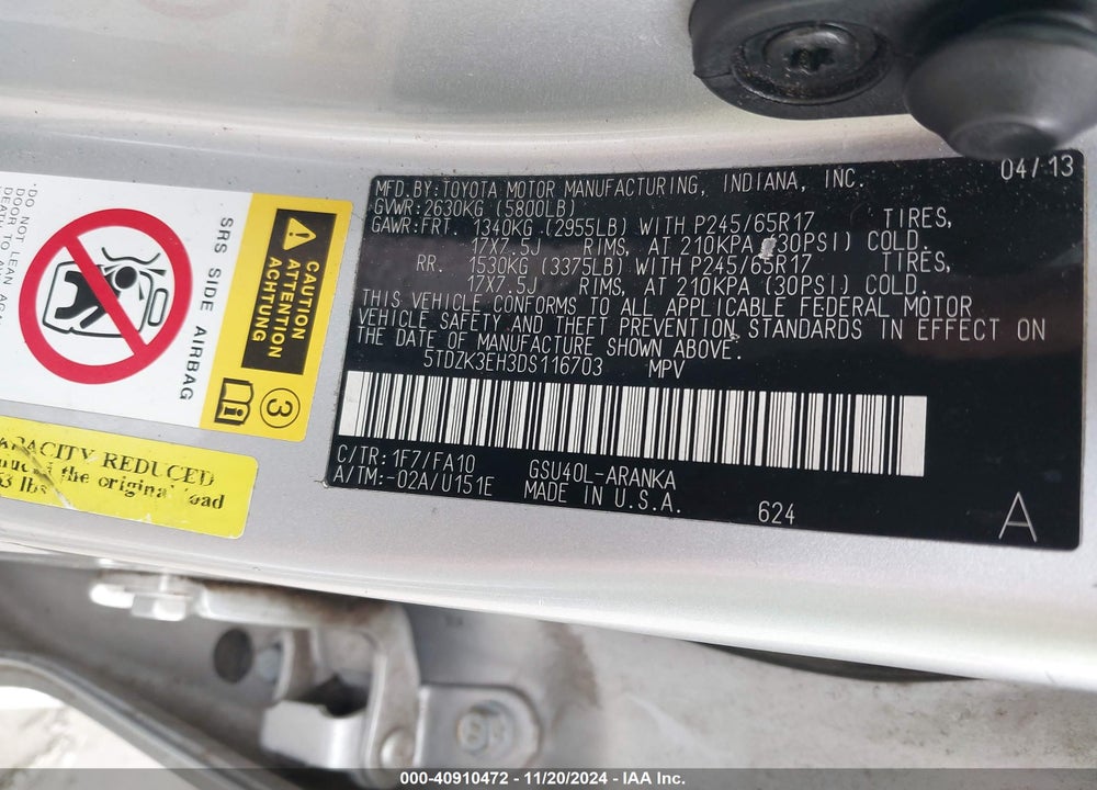 2013 TOYOTA HIGHLANDER BASE PLUS V6 VIN: 5TDZK3EH3DS116703