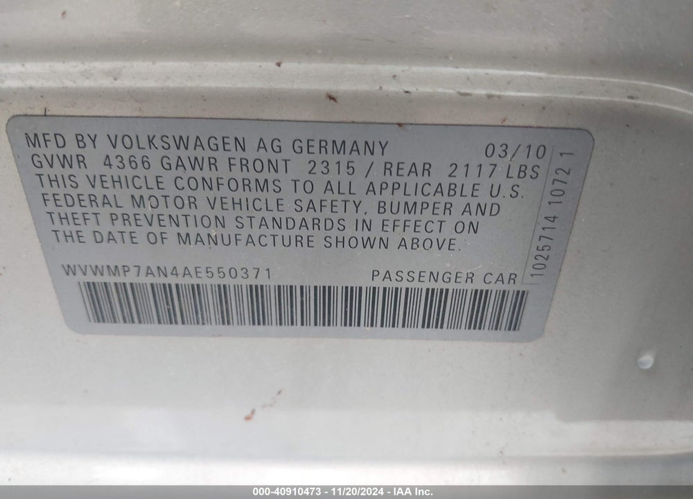 2010 VOLKSWAGEN CC SPORT VIN: WVWMP7AN4AE550371